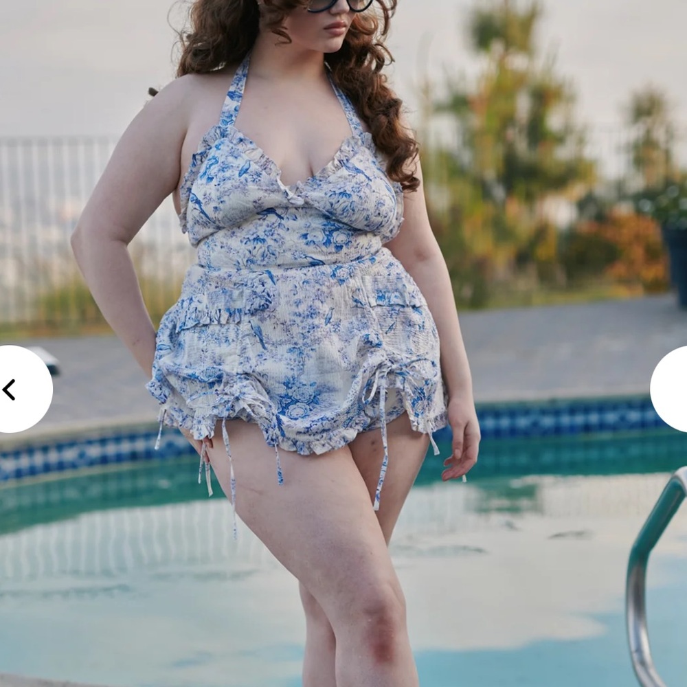 Blue Floral Ruffle Halter Swim Romper Bikini